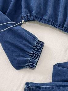 Comfortcana 女士纯色抽绳下摆长袖上衣和裤子休闲牛仔套装 - 深色水洗藍 - 查看 3