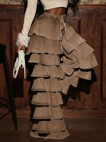 Slaydiva Jeans de mezclilla de unicolor con diseño de capas de moda para mujer - Café integral - Ver 7