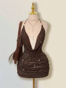 SHEIN ICON Vestido mini con escote pronunciado, espalda descubierta y cordones, inspirado en el crochet - Marrón - Ver 6