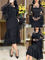 Modelyn Women's Elegant Lace Long Sleeve Square Neck Dress