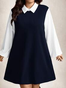 Zelara 大码女装秋冬格子图案撞色袖衬衫领长袖休闲连衣裙感恩节服装节日派对连衣裙女式派对连衣裙 - 藏蓝色 - 查看 4