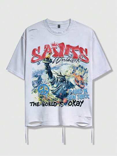 ROMWE MEN Street Life 男士休闲短袖T恤，做旧效果设计