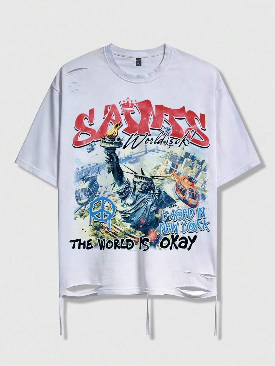 ROMWE MEN Street Life 男士休闲短袖T恤，做旧效果设计 - 白色 - 查看 1