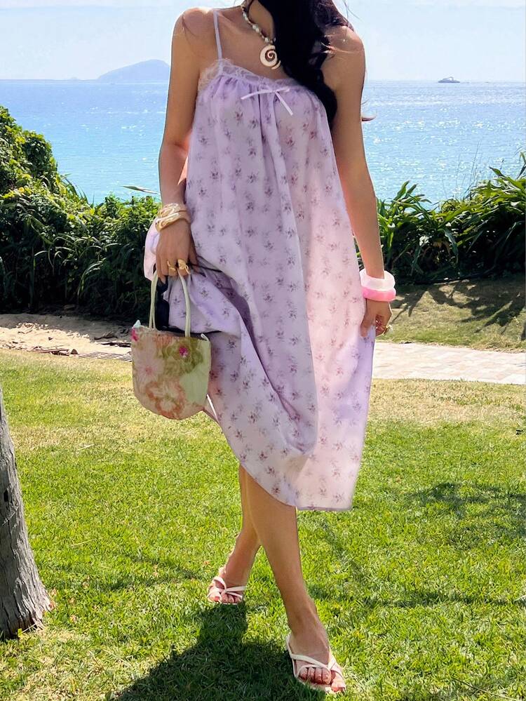 Sweet Ditsy Floral & Lace Patchwork Camisole A-Line Nightgown For Women