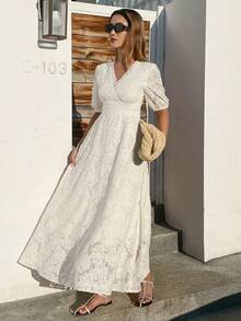 DAZY Textured Lace V-Neck Puff Sleeve Mid-Length Dress For Women Spring - White - View 4