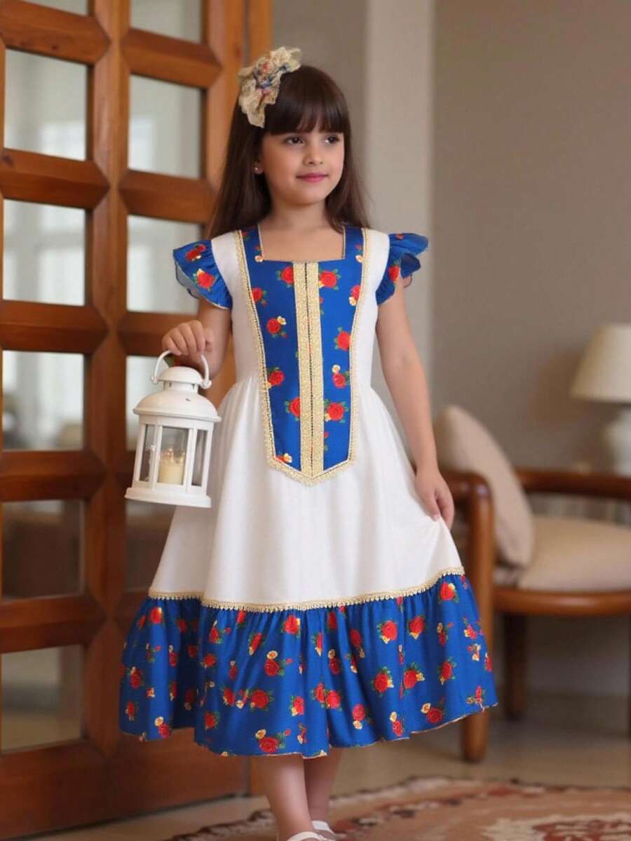 رمضان فستان فضفاض كاجوال للفتيات المراهقات بياقة مستديرة وأكمام قصيرة، مزين بشريط ذهبي وألوان متباينة - الأزرق - مشاهدة 1