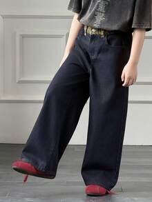Dazy Kids Quần jeans ống rộng có túi, cài nút, kiểu dáng thường ngày, đa năng dành cho bé trai tuổi teen. - Rửa tối - Xem 7