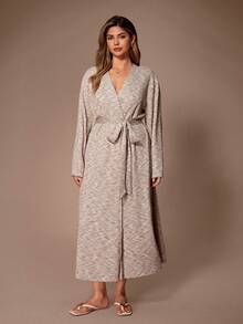 Lazeform Women's Long Sleeve Soft Jacquard Knit Belted Casual Robe, Autumn/Winter Gown And Robe Set Curve Robe - Khaki - View 4