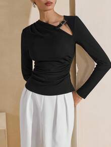 Graceveil Women's Black Hollow-Out Elegant T-Shirt With Leather Buckle Design, Slimming American Style For Outings And Dates, Autumn - Coffee Brown - View 5