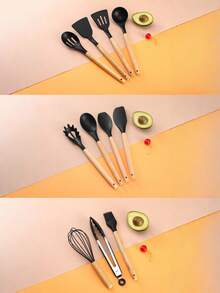 12 piezas Juego de utensilios de cocina de silicona con mangos de madera y cubo de almacenamiento - Negro - Ver 2