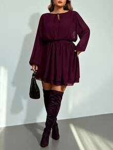 Auralis Plus Size Women Casual Solid Color Waist Cinched Dress/Round Neck, Front Tie Waist, Flared Hem, Double-Layered Ruffles, Loose Long Sleeves, Plus Size Purple-Red New Year's Party/Christmas Dress / Short Loose Romantic Date / Valentine's Day/Birthday Party/Banquet Outfit/Clothes For Women Spring - Red Violet - View 7