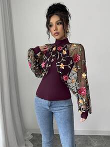 Chiquease Women's Knitted Patchwork Mesh Embroidered Autumn T-Shirt - Red Violet - View 5