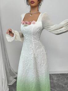 Modelyn 女士提花花卉拼接中长款梭织连衣裙 - 綠色 - 查看 6