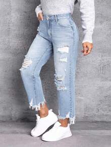 SHEIN Essnce Damen Jeans in Große Größen, lässiger Stil mit Abrieb und roher Kante, Skinny Fit, hellblau - Helle Waschung - Übersicht 4