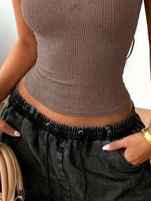 INAWLY Women's Casual Solid Color Short Sleeve T-Shirt, Summer - Brown - View 4