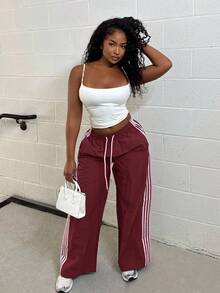 Alexandranx Women's Elastic Waist Casual Loose Striped Sports Pants,Fall - Burgundy - View 4