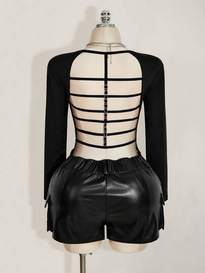 SHEIN ICON Plus Size Sexy Fashionable Millennial Style Y2K Gothic Avant-Garde Bold Backless Strappy Metal Buckle Black Slim Fit Long Sleeve Top
