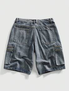 ROMWE MEN Men's Loose Fit Pocketed Zipper Design Wide Leg Casual Denim Shorts - Black - View 4