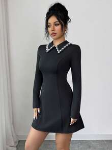 Selianne Elegant Black And White Plus Size Business Dress,Autumn A-Line French Style Pearl Decor Collared Long Sleeve Waist Cinched Dress For Dinner,Holidays - Black - View 3