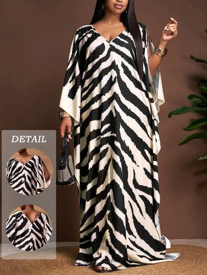 Veslaya 2026 Spring/Summer New Arrival Elegant Vacation, Birthday Party, Banquet, Back To School, Collegiate Style, Daily Casual, Cruise Travel, Viral , Streetwear, Commute, Business Casual, Date, Gathering V-Neck 3/4 Sleeve Dress With Slit Sleeves, Plus Size Fit, Batwing Sleeve, Black & Beige Zebra Print Plus Size Maxi Dress, Plus Size Cover Ups, Animal Print Plus Size, Curve Plus Tops