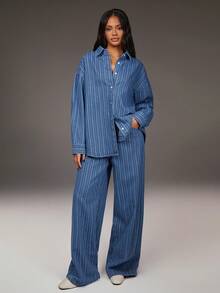 Athîral 女士简约印花休闲长袖衬衫和牛仔裤套装 - 彩色 - 查看 3