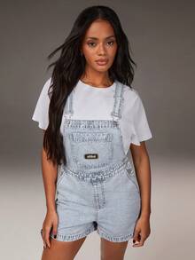 Athîral 女士休闲条纹浅蓝色短款背带裤 - 淺色水洗藍 - 查看 5