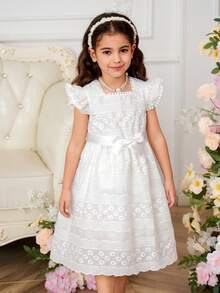 1件女童白色梭织刺绣面料方领荷叶边短袖松紧腰带中长连衣裙，简约百搭可爱田园风公主裙 - 米色 - 查看 6