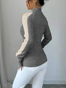 RosyDaze Damen Lässig Alltags Pendler Kontrast Farbiger Rollkragen Figurbetonter Pullover, Herbst/Winter - Grau - Übersicht 2
