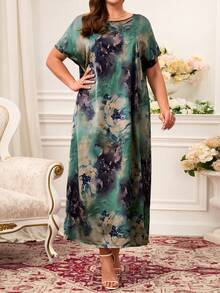 Miaspire 大码碎花圆领短袖连衣裙 - 墨綠色 - 查看 4