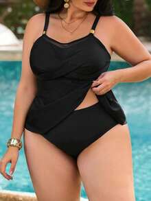 SHEIN Swim طقم ملابس سباحة تانكيني بتصميم أشرطة لون أسود أحادي للنساء كبيرات الحجم، ملابس شاطئ كاجوال، للربيع/الصيف - الأسود - مشاهدة 6