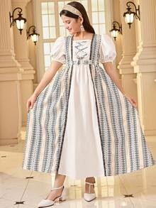Tween Girl Vacation Retro Print 2 In 1 Petal Sleeve Princess Dress - Black and White - View 4