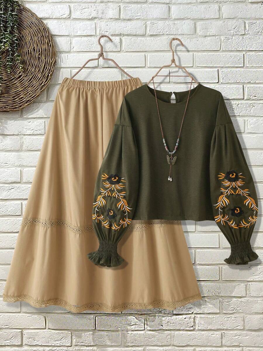 SHEIN Franclia Bộ đồ nữ cổ tròn tay phồng thêu ren phối ren thanh lịch kiểu vintage 2 mảnh - màu xanh lá - Xem 1