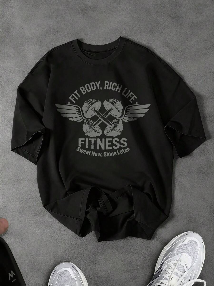 Sport MetroGents Áo thun thể thao nam tay ngắn cổ tròn in chữ và cánh - màu đen - Xem 1