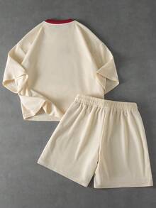 PAVTROS Men's V-Neck Ribbed Fabric T-Shirt And Shorts Set - Beige - View 2