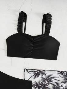 SHEIN 少女三件套比基尼：可爱纯色针织露背荷叶边上衣、褶皱泳裤和印花罩裙。时尚、优雅、休闲风格，适合夏季游泳、海滩度假等场合。 - 黑色 - 查看 7