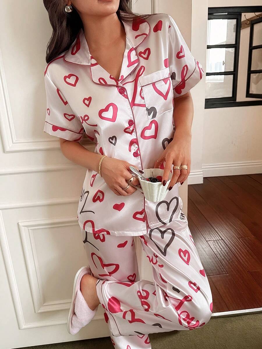 SHEIN Bộ đồ ngủ nữ giả lụa tay ngắn và quần dài in hình trái tim và chữ cái, có túi. - Hồng - Xem 1
