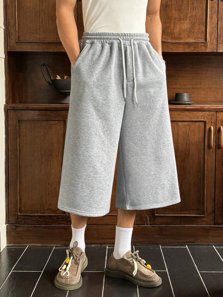 SWAVVY Men's Casual Loose 7/8 Pants, Light Gray With Embroidery, Elastic Waist With Pockets, Summer - Light Grey - View 1