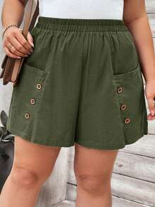 SHEIN LUNE 大码纯色弹力腰带口袋休闲阔腿短裤 - 軍綠色 - 查看 5