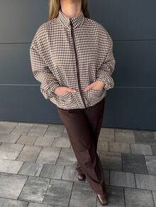 Jeta Ari Women's Loose Fit Wool Blended Jacket With Geometric Pattern, Casual Business Style For Office Wear, Autumn/Winter Fleece Lined - Brown - View 3