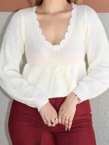 Arliah Scallop Trim Tie Front Peplum Sweater,Long Sleeve Tops,Knitted Sweater In Fall/Winter - Beige - View 6