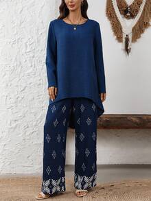 EMERY ROSE 女士度假休闲纯色衬衫和几何印花长裤两件套 - 藏蓝色 - 查看 7