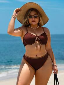 Swim Lushoire Plus Size Textured Colorblock Steel Hoop Swimwear Set, Vacation - Coffee Brown - View 7