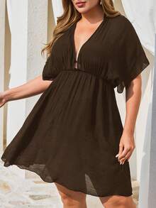 Swim Lushoire 大码女式纯色沙滩罩衫连衣裙，夏季休闲基础款 - 咖啡棕 - 查看 3