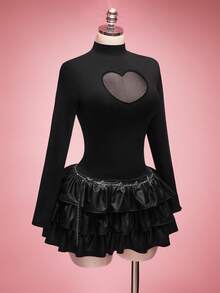 SHEIN ICON Áo kiểu dáng ôm sát, cổ tàu, tay dài, hình trái tim dành cho nữ cỡ lớn. - màu đen - Xem 4