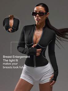 Dewbera Black Casual Versatile White Stripe Slim Fit Zipper Thumb Hole Yoga Sports Fitness Chic Autumn Jacket - Black - View 2