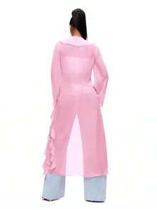 TypaGal 女士简约纯色荷叶边长袖衬衫，休闲日常穿着 - 粉色 - 查看 2