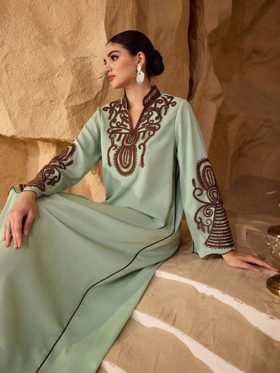 Layrah Women's New Fashion Elegant Luxurious Colorblock Floral Collar, Cuff, Sequin Embroidery, Rope Tie, Irregular Ruffle Flared Sleeve Maxi Dress, Spring/Summer Turkish & Arabic Traditional Kaftan - Green - View 1