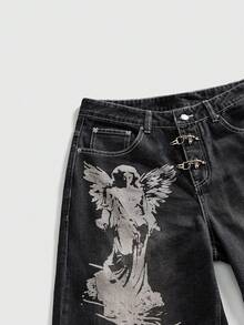 ROMWE MEN Street Life Jeans de corte holgado con hebilla con estampado de avión para hombres - Negro - Ver 2