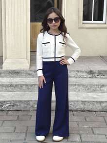 SHEIN 2 件套青少年女童拼色圆领长袖上衣和直筒休闲裤套装，适合约会、派对、返校、秋冬 - 藏蓝色 - 查看 13