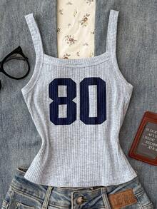 Tween Girls Floral Grey Camisole Knit Cropped Numeric Print Tank Top - Grey - View 1